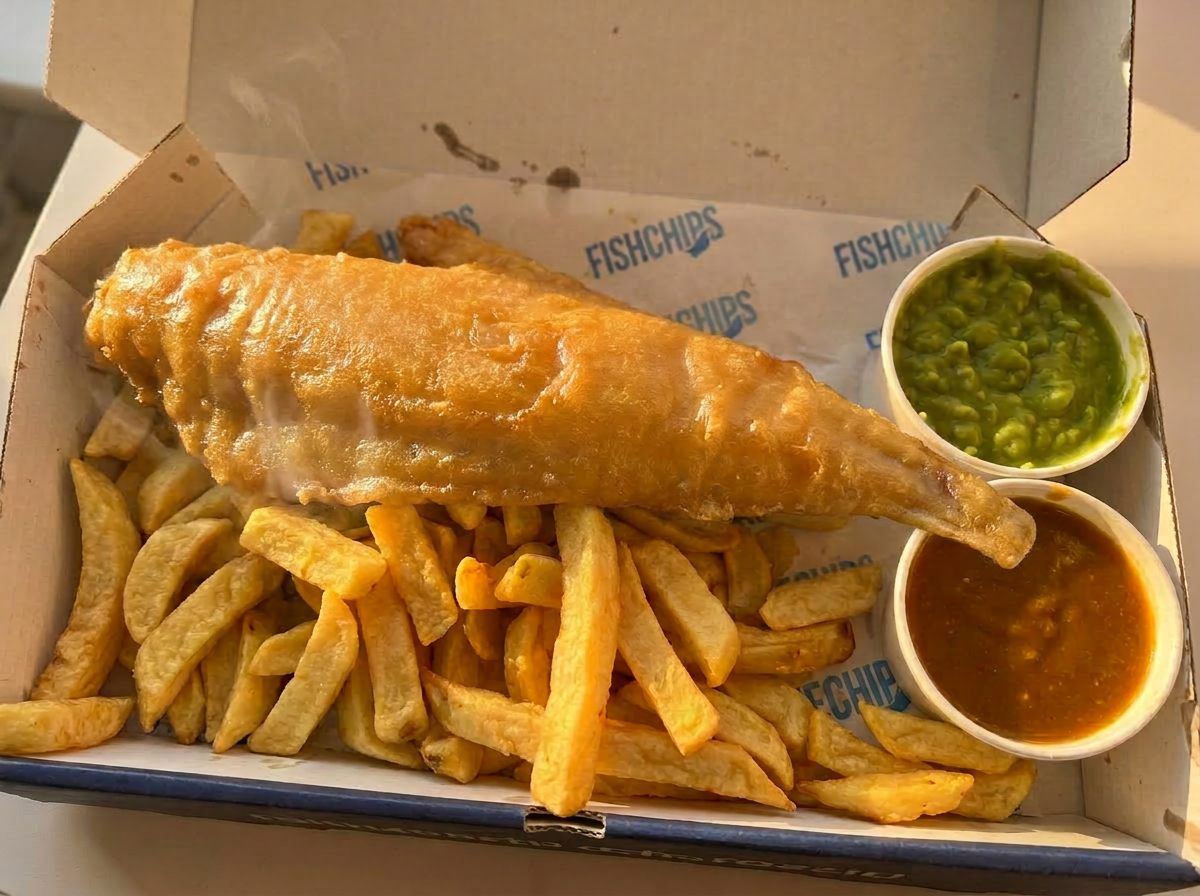 Freshly cooked fish and chips with mushy peas and curry sauce in a takeaway box